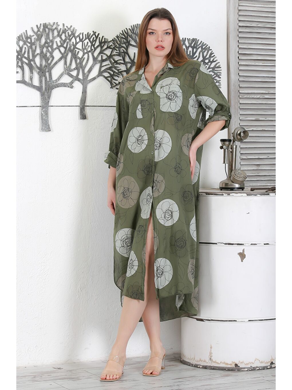 İtalyan Koyu Yeşil Düğmeli Uzun Kollu Çiçekli Çift Cepli Casual Dokuma Yazlık Elbise 130 65