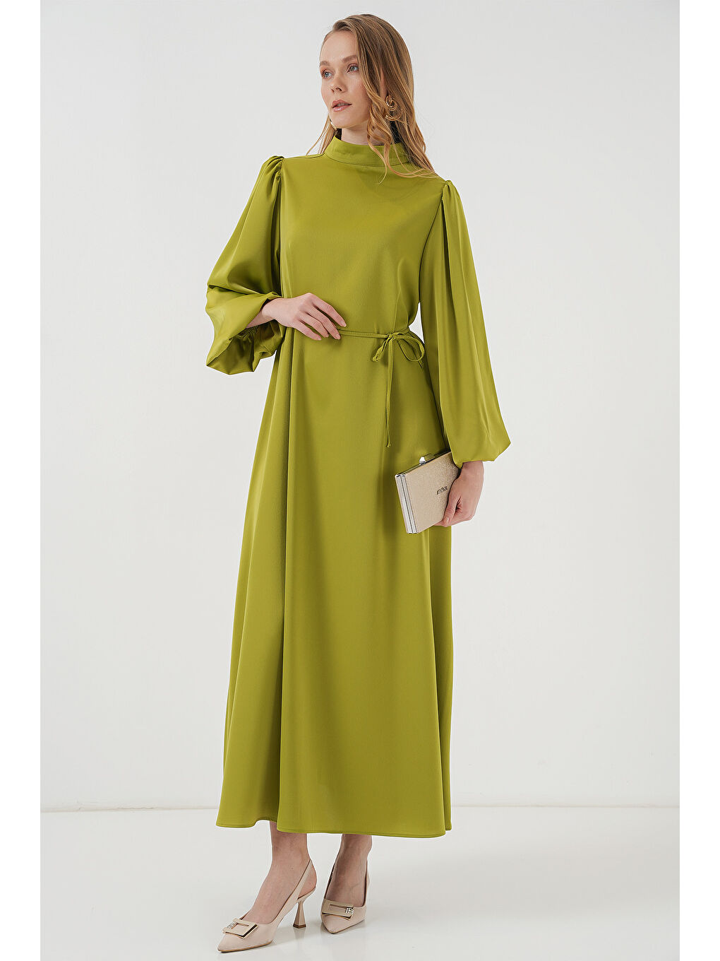 2510 Saten Tesettür Abiye Elbise - Yağ Yeşil-2