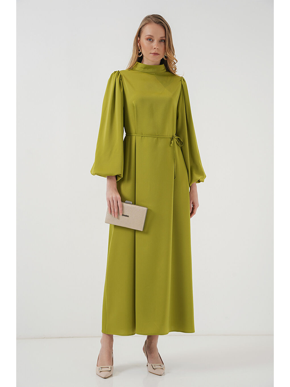 2510 Saten Tesettür Abiye Elbise - Yağ Yeşil-3