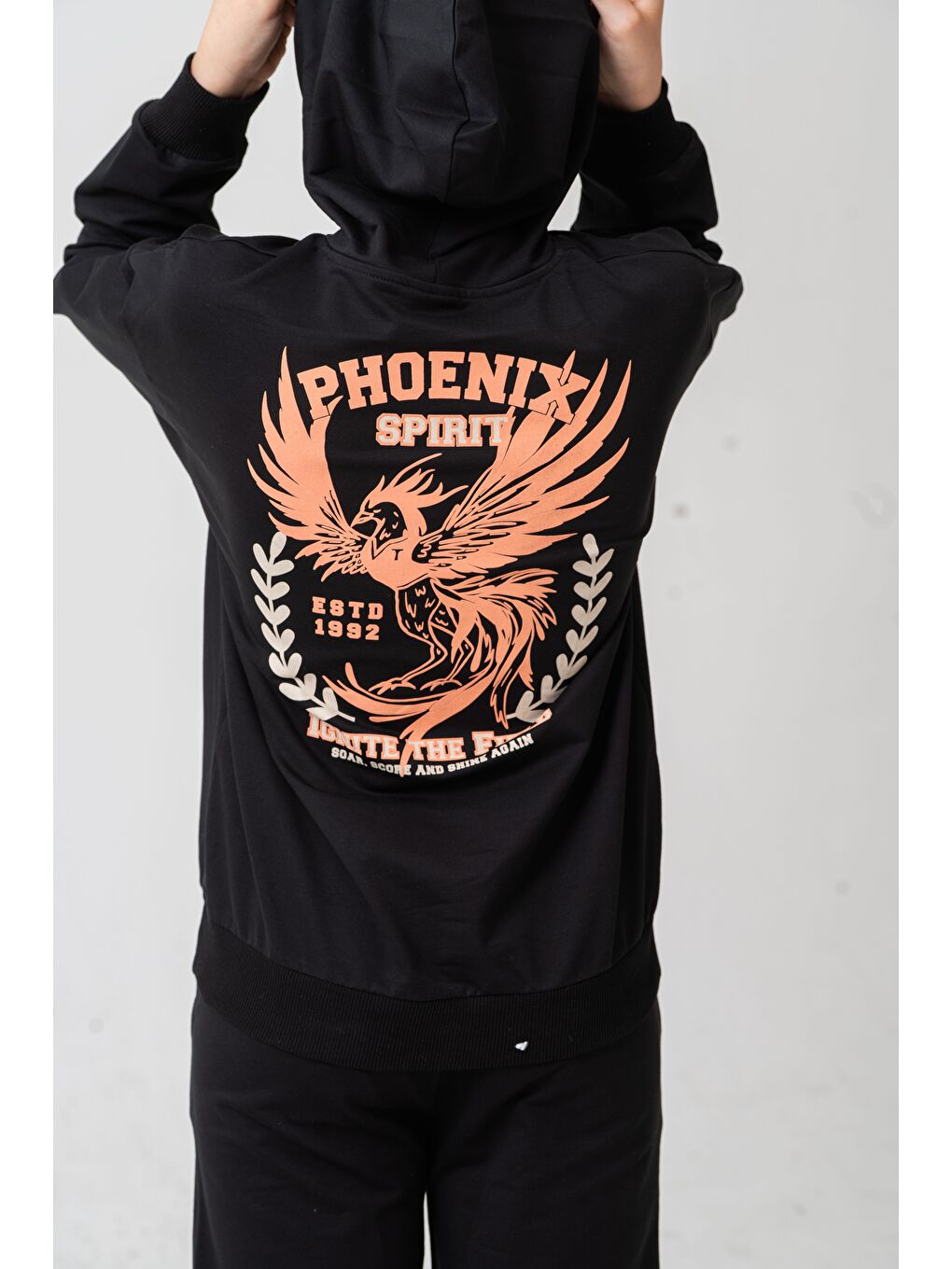 Siyah Phoenix Spirit Baskılı Kanguru Cepli Erkek Çocuk Alt Üst Eşofman Takımı-5