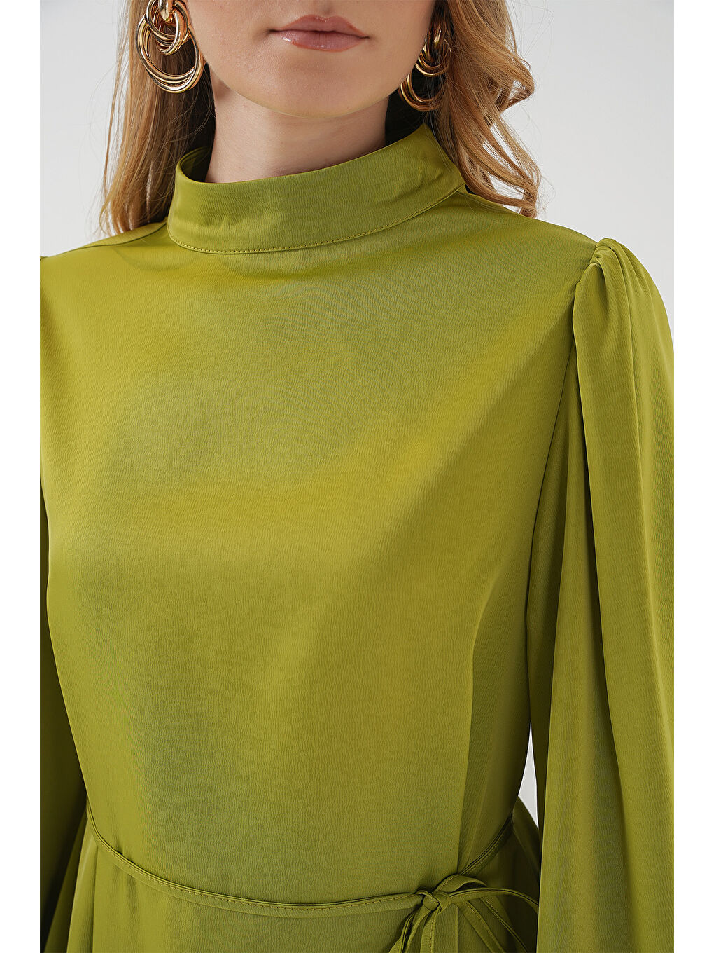 2510 Saten Tesettür Abiye Elbise - Yağ Yeşil-4