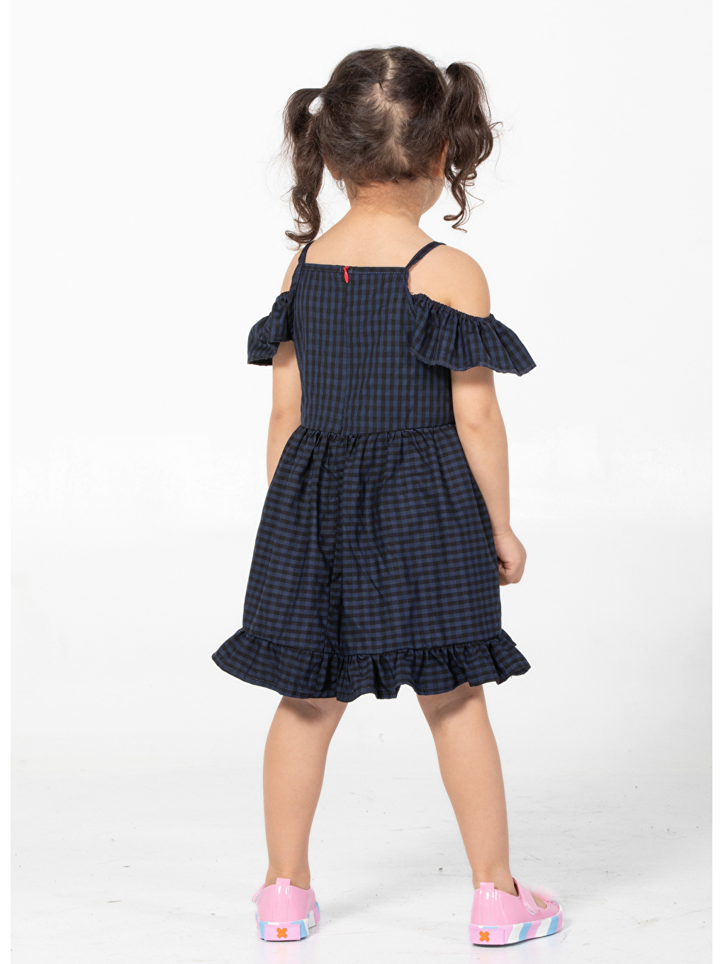 Lacivert Laci Ekoseli Fırfırlı Elbise-1