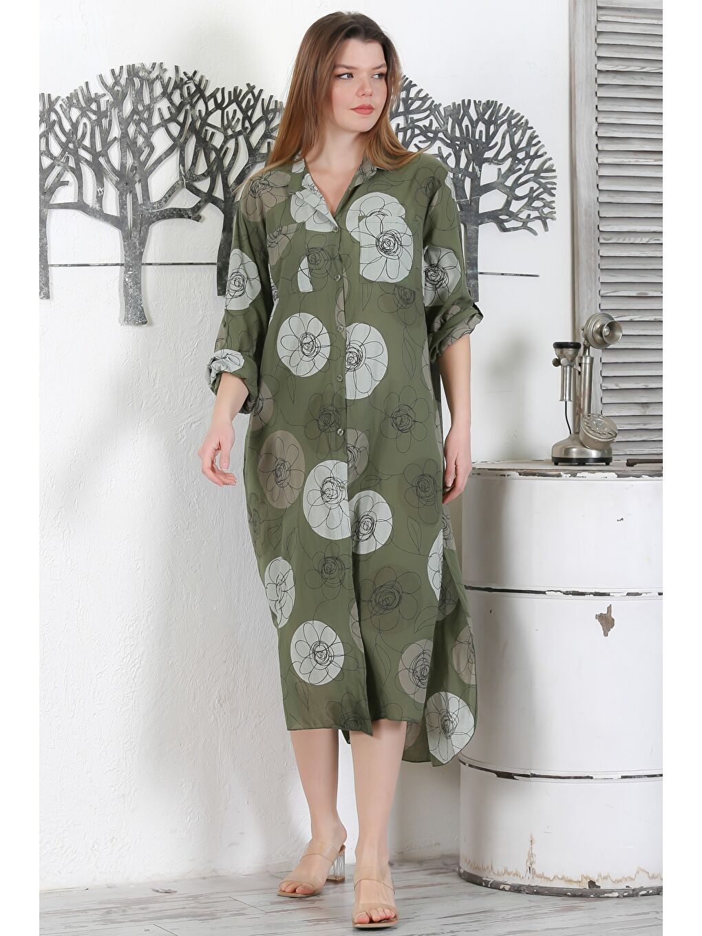 İtalyan Koyu Yeşil Düğmeli Uzun Kollu Çiçekli Çift Cepli Casual Dokuma Yazlık Elbise 130 65-5