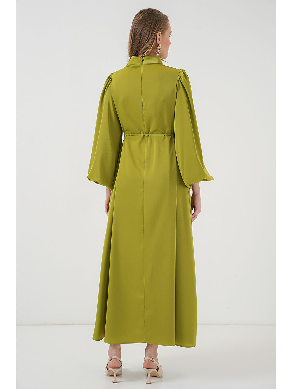 2510 Saten Tesettür Abiye Elbise - Yağ Yeşil-5