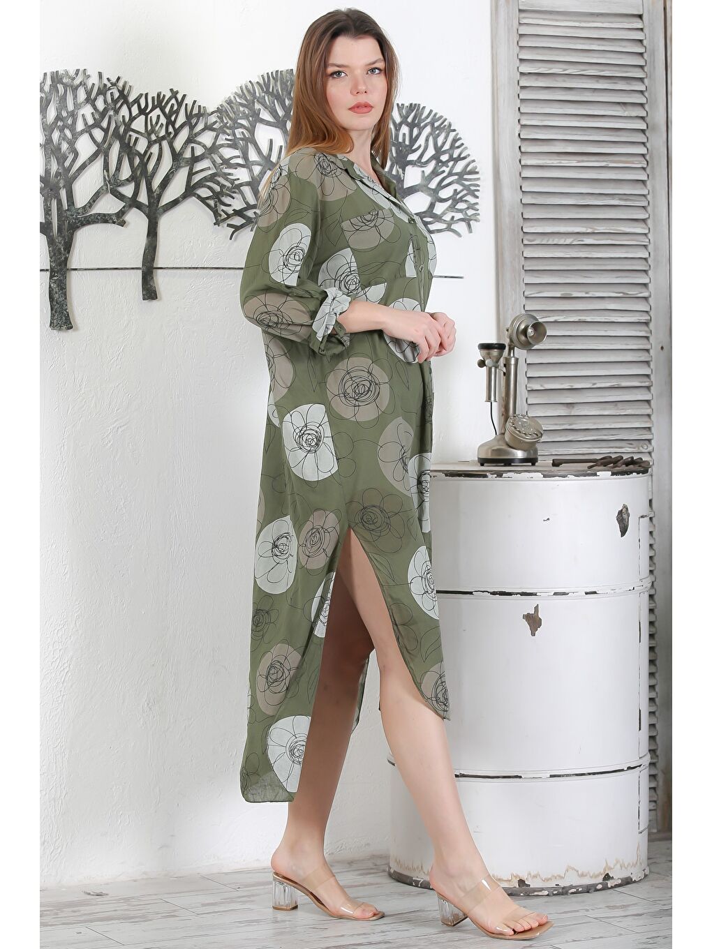 İtalyan Koyu Yeşil Düğmeli Uzun Kollu Çiçekli Çift Cepli Casual Dokuma Yazlık Elbise 130 65-6