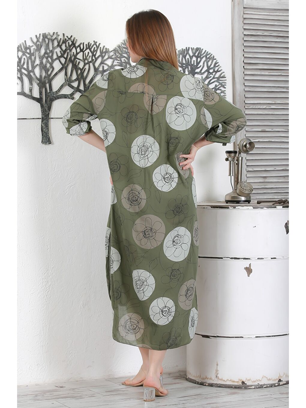 İtalyan Koyu Yeşil Düğmeli Uzun Kollu Çiçekli Çift Cepli Casual Dokuma Yazlık Elbise 130 65-7