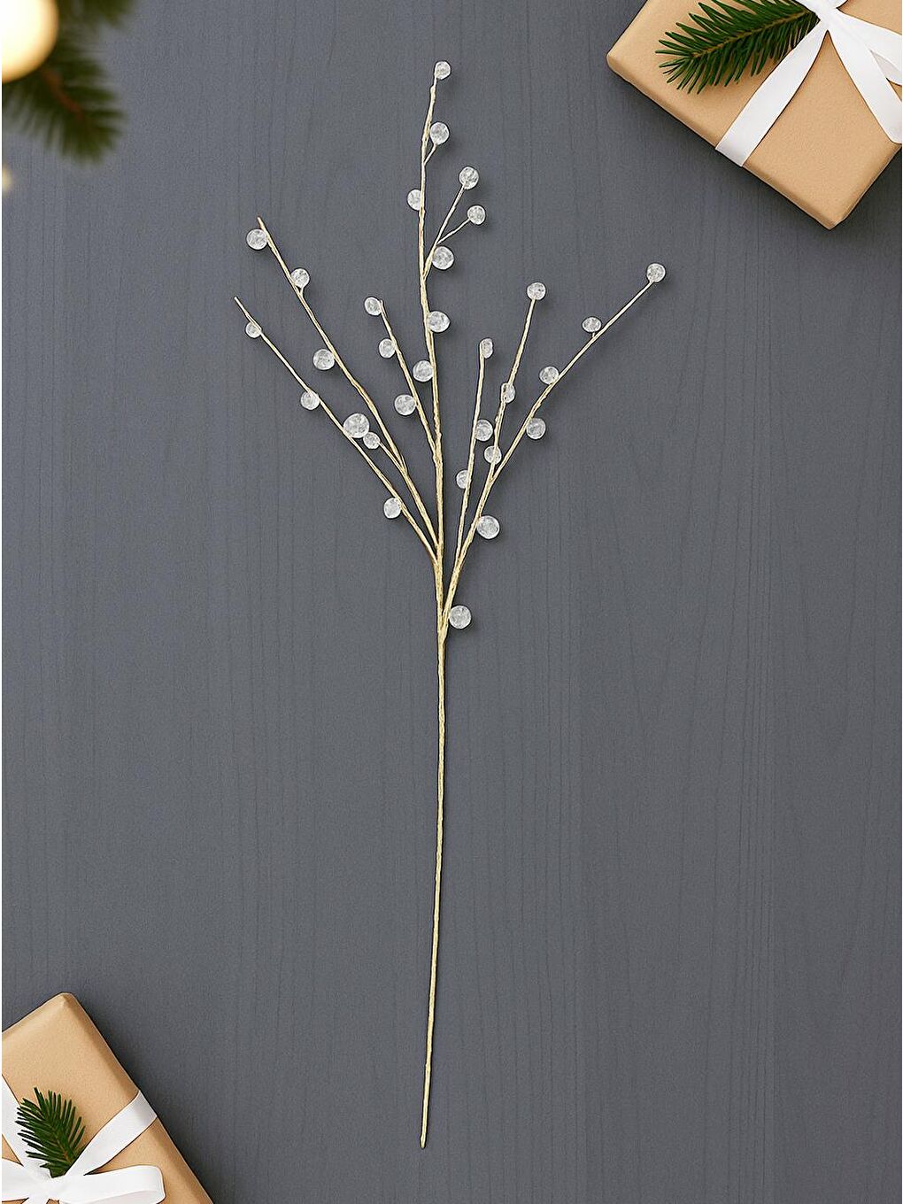 Beyaz Yılbaşı Dekoru Kristal Boncuklu Altın Dekoratif Dal Süs 84 cm