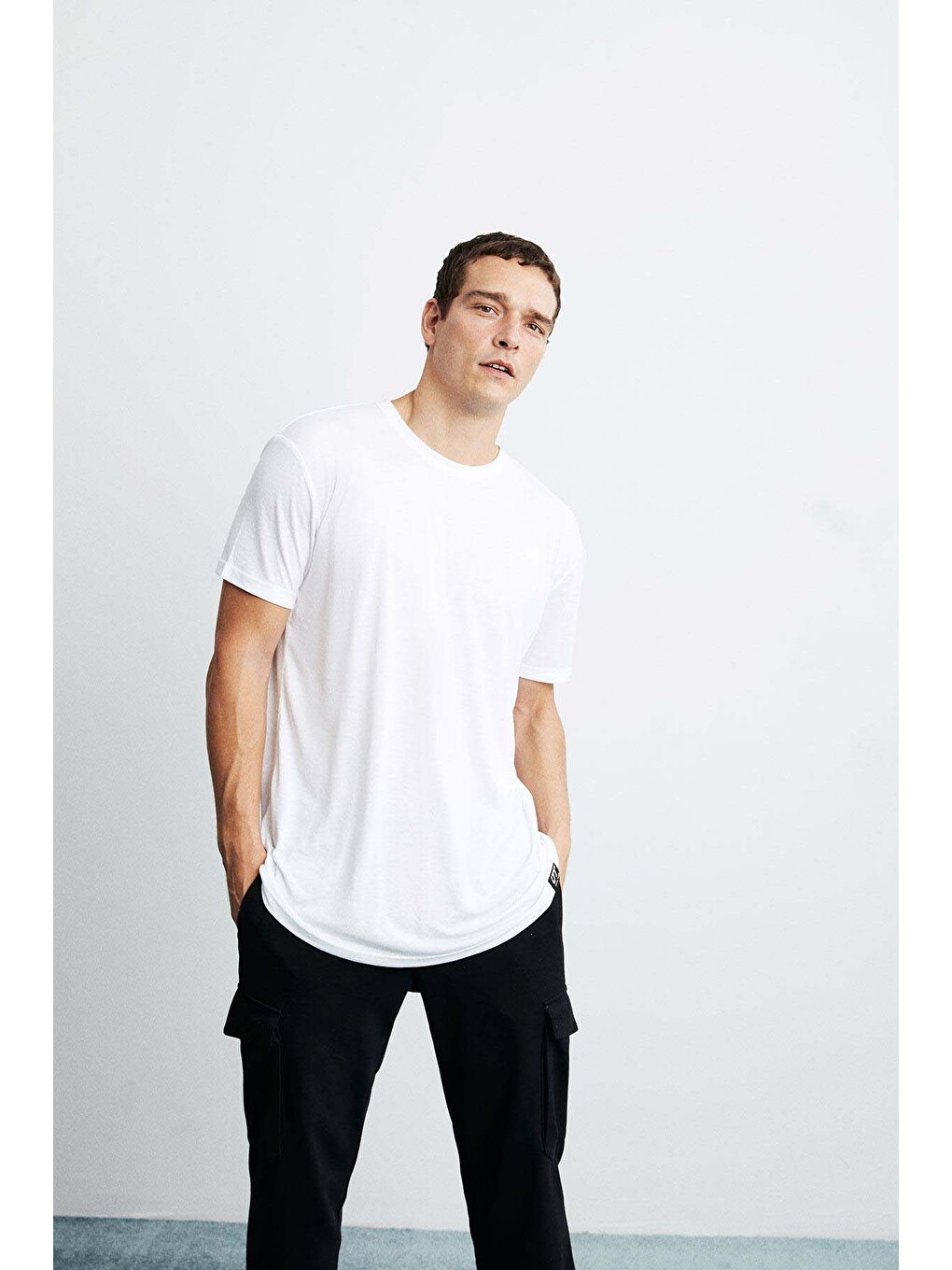Beyaz OSCAR Erkek Comfort Fit Uzun Dökümlü Kumaş BEYAZ T-Shirt-5