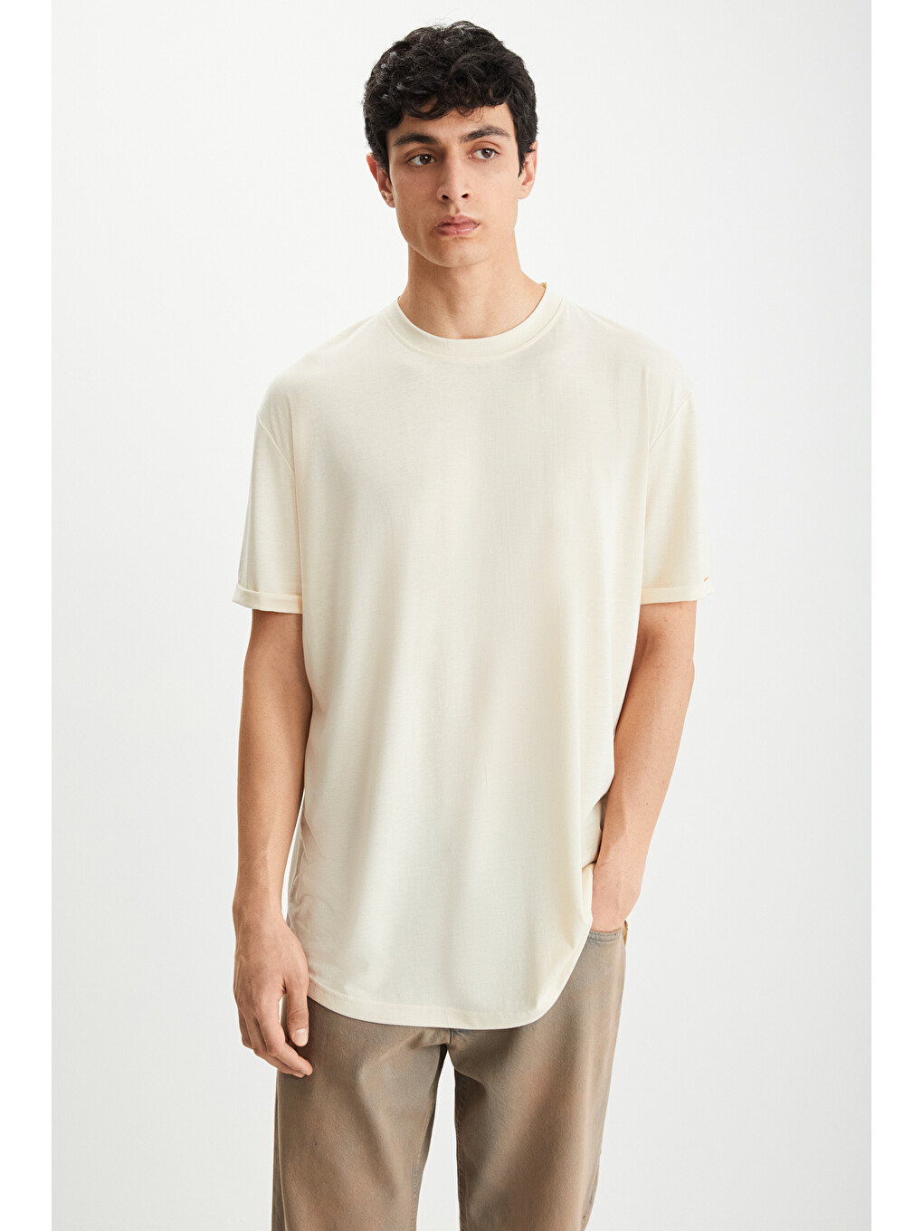 Bej OSCAR Erkek Comfort Fit Uzun Dökümlü Kumaş VANİLYA T-Shirt