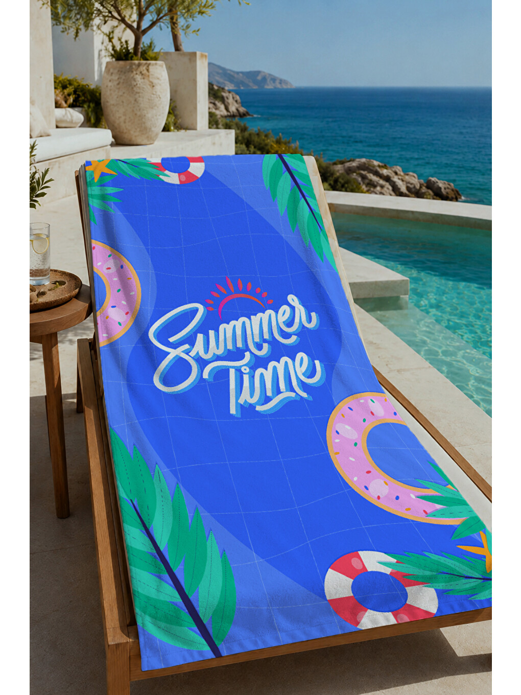 Mavi Mor Tropikal Summer Time Yazılı 70x150 Cm Dijital Baskılı Plaj Ve Banyo Havlusu