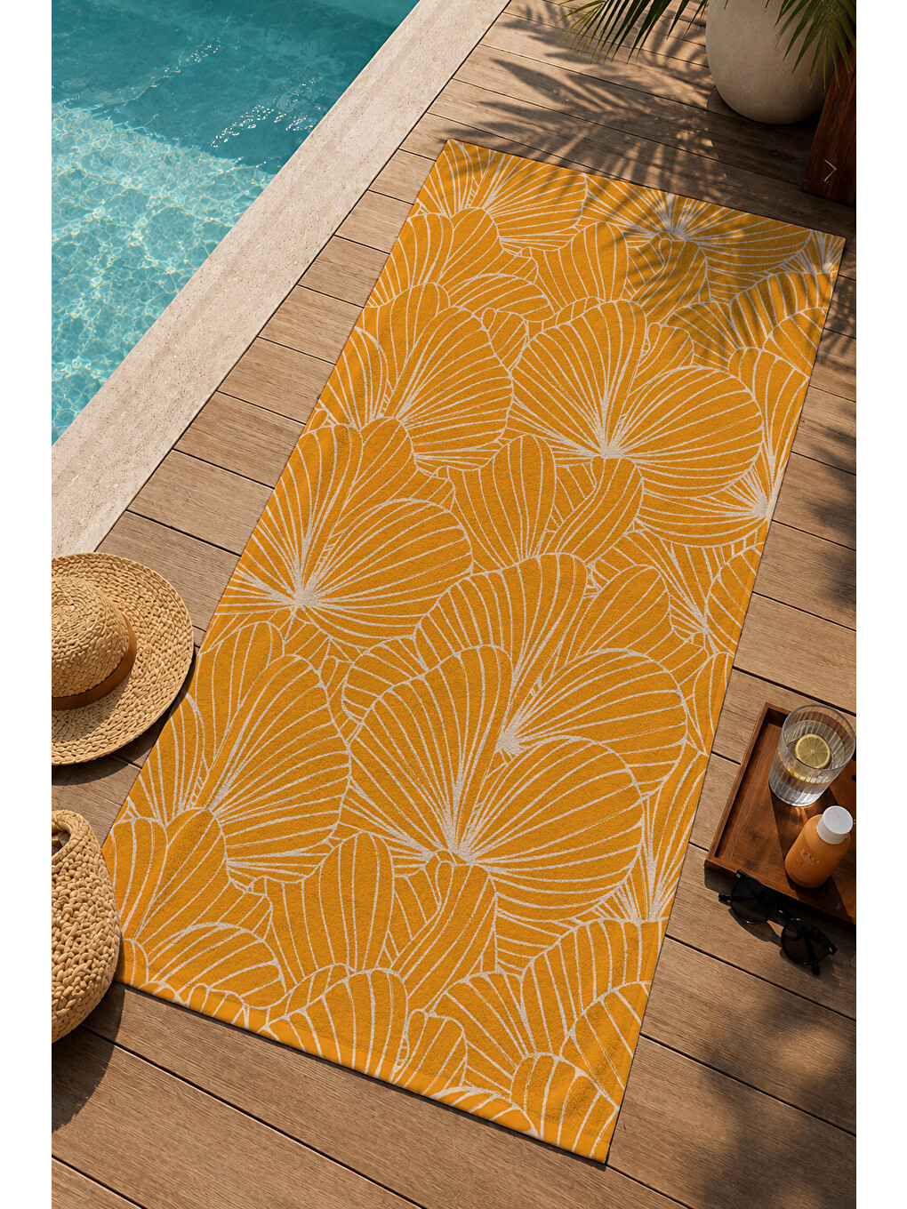 Hardal Sarısı Çizgisel Yaprak Desenli 70x150 Cm Dijital Baskılı Plaj Ve Banyo Havlusu-2