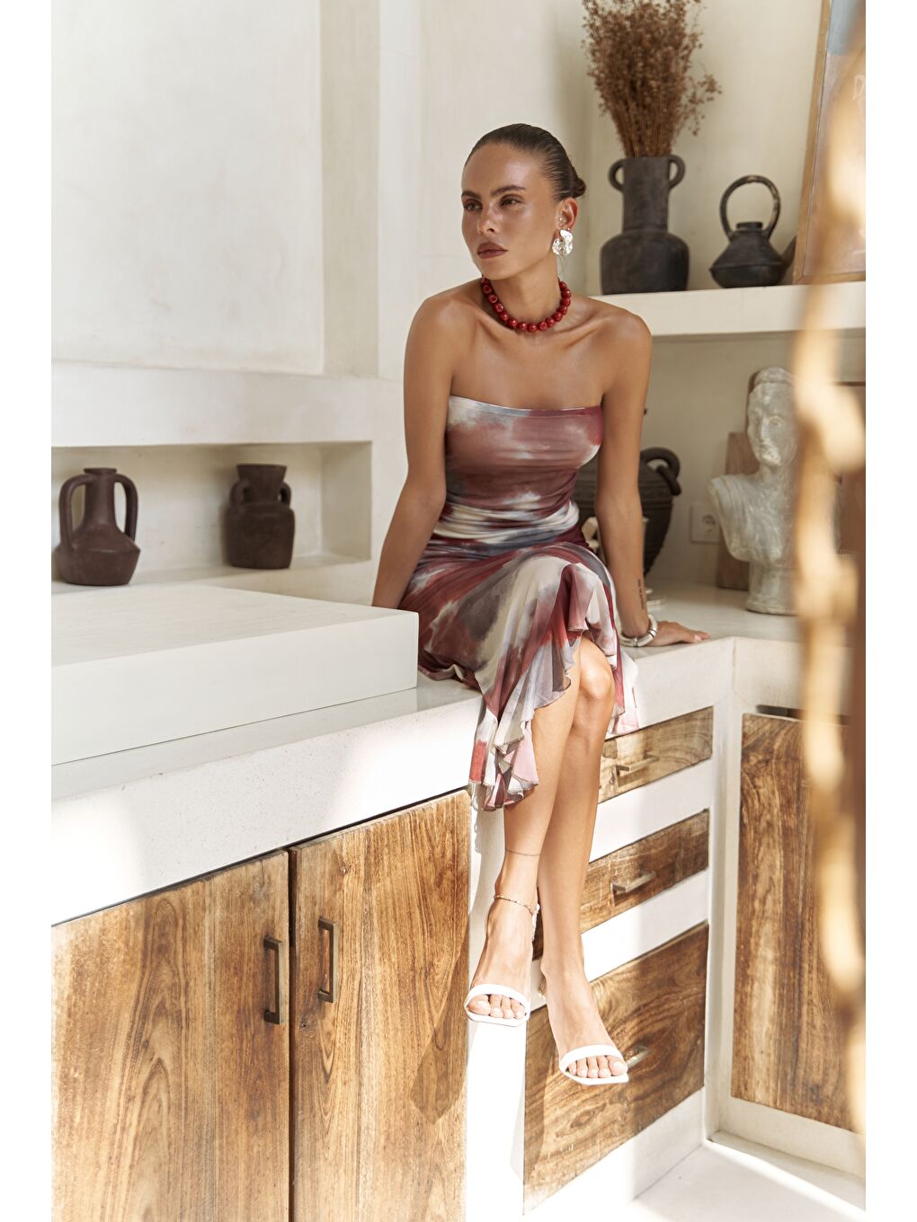 Stracnaha Drape Detaylı Bordo Straplez Elbise