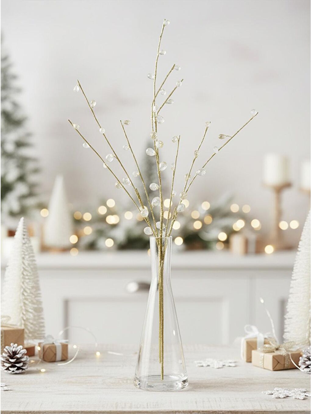 Beyaz Yılbaşı Dekoru Kristal Boncuklu Altın Dekoratif Dal Süs 84 cm-1