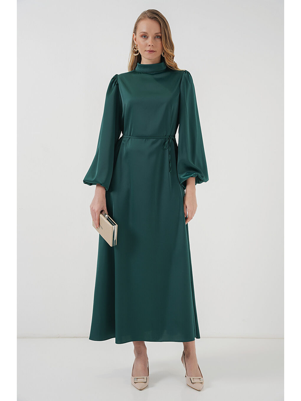 2510 Saten Tesettür Abiye Elbise - Zümrüt Yeşili-3