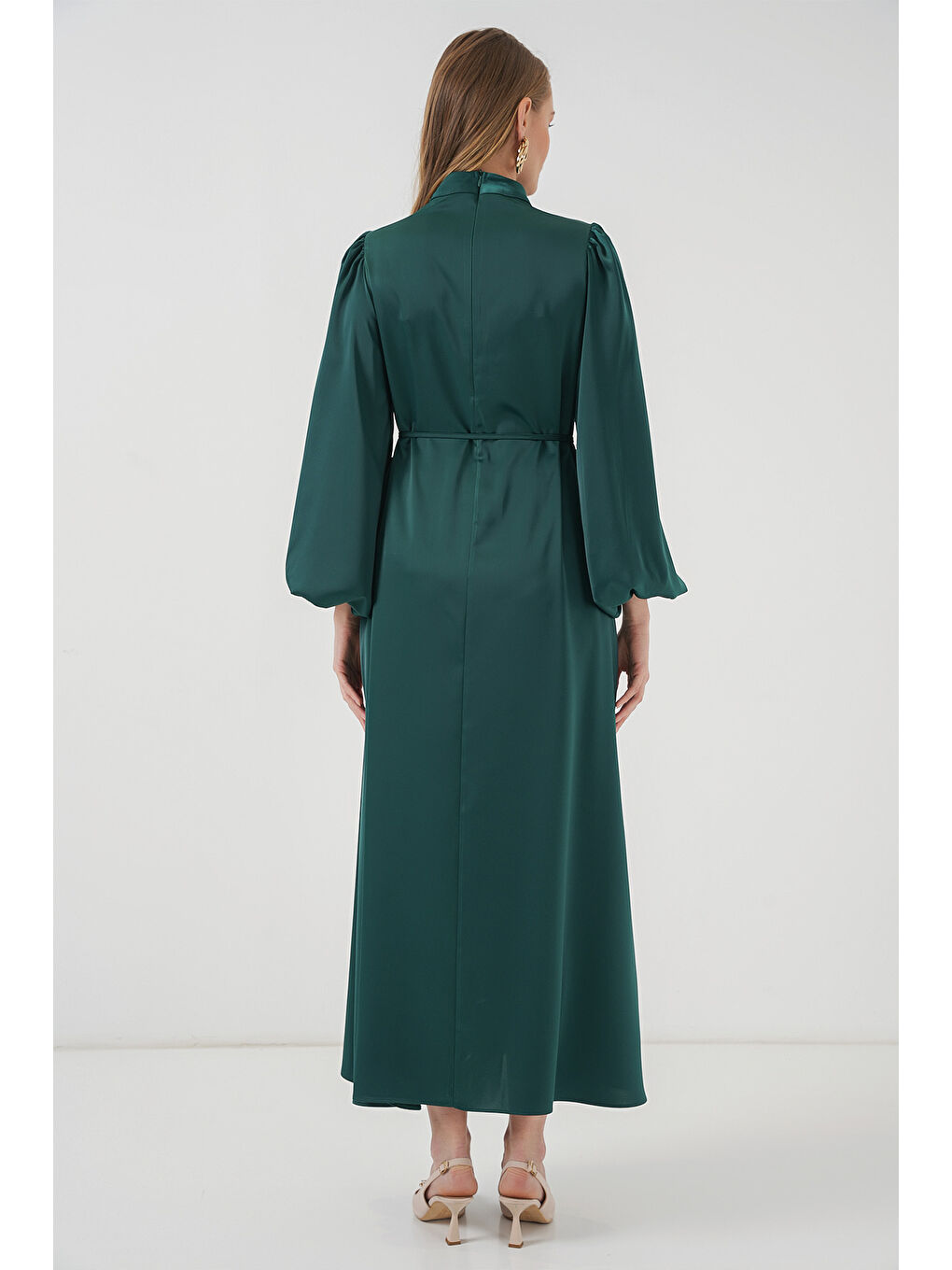 2510 Saten Tesettür Abiye Elbise - Zümrüt Yeşili-5