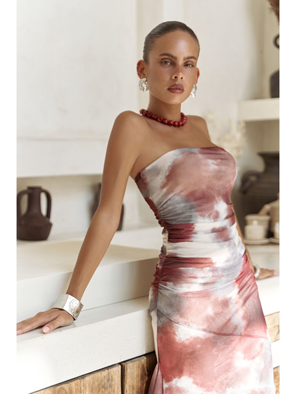 Stracnaha Drape Detaylı Bordo Straplez Elbise-2