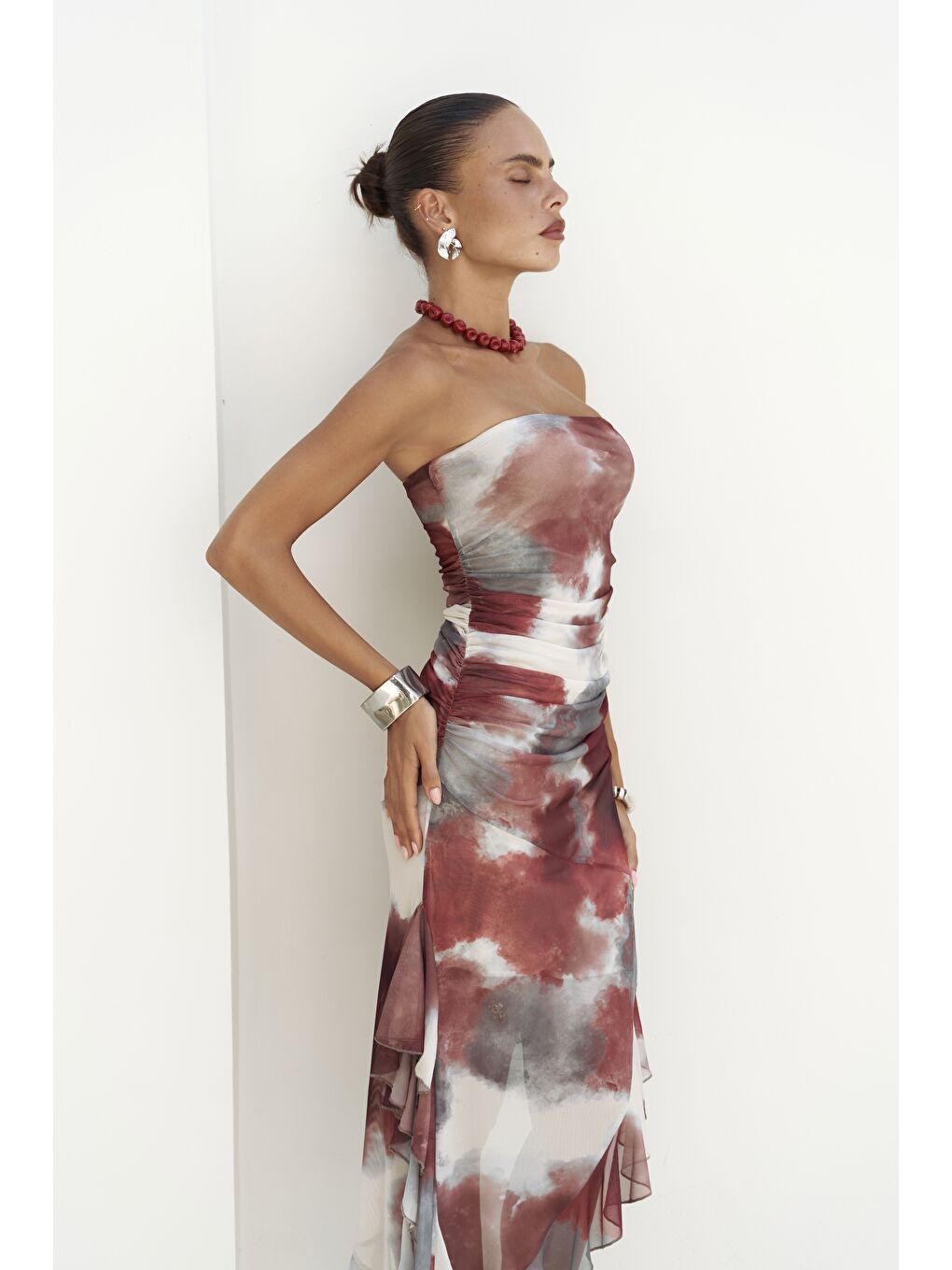 Stracnaha Drape Detaylı Bordo Straplez Elbise-3