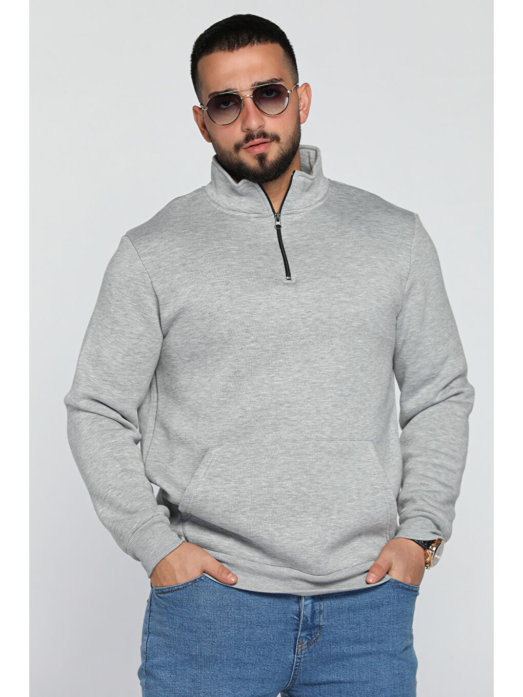 Gri Yarım Fermuarlı Üç İplik Şardonlu Erkek Sweatshirt