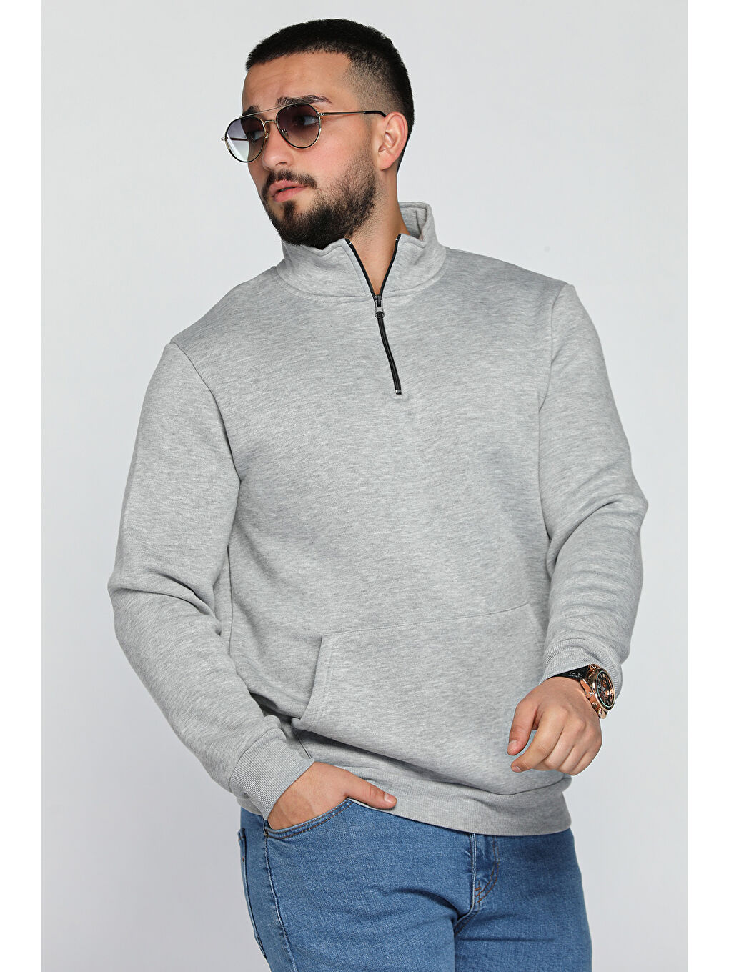 Gri Yarım Fermuarlı Üç İplik Şardonlu Erkek Sweatshirt-1