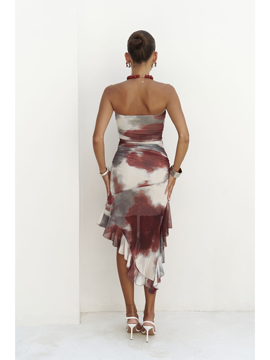 Stracnaha Drape Detaylı Bordo Straplez Elbise-4