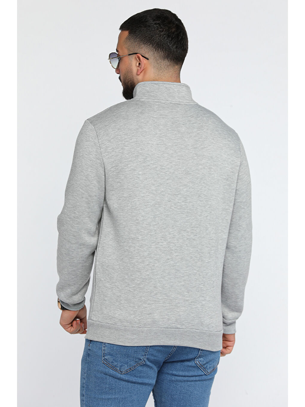 Gri Yarım Fermuarlı Üç İplik Şardonlu Erkek Sweatshirt-2