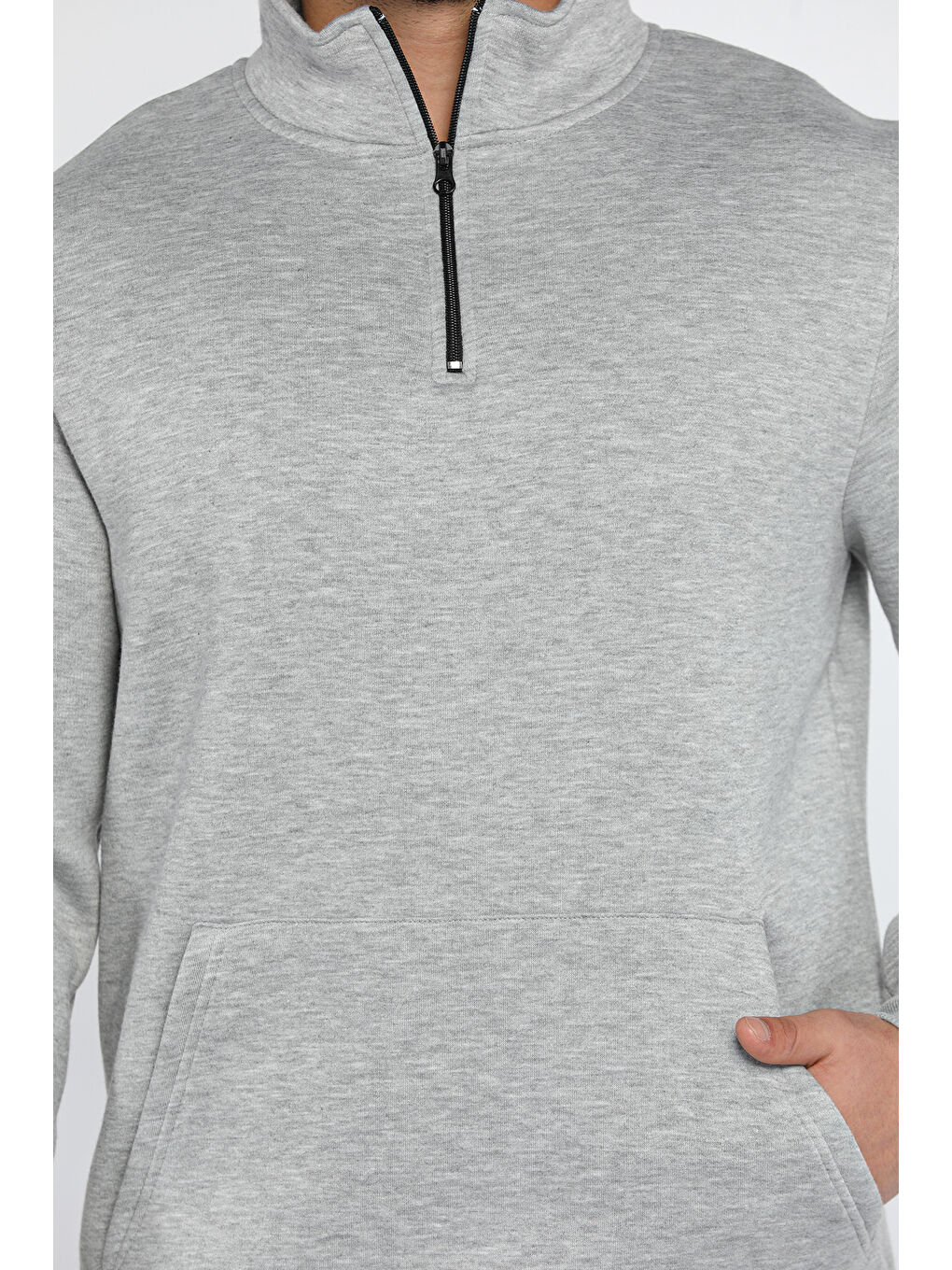 Gri Yarım Fermuarlı Üç İplik Şardonlu Erkek Sweatshirt-3