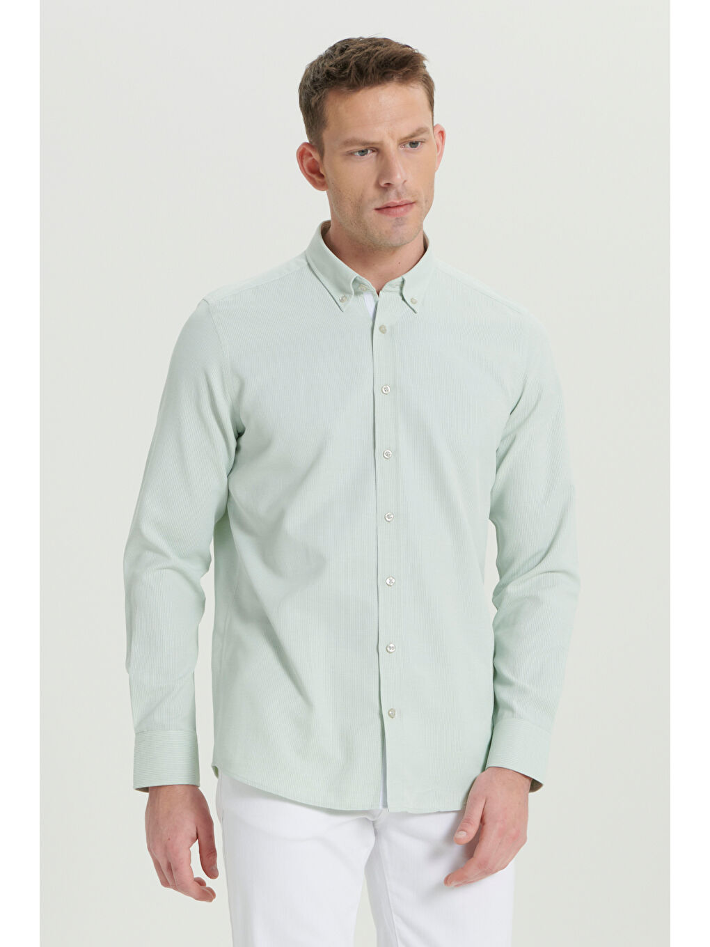 Erkek Yeşil Slim Fit Dar Kesim Klasik Yaka Pamuklu Armürlü Gömlek-7