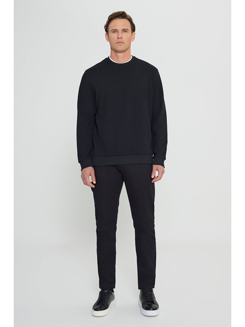 Erkek Siyah 2 İplik Sıcak Tutan Standart Fit Normal Kesim Bisiklet Yaka Dokulu Sweatshirt-1