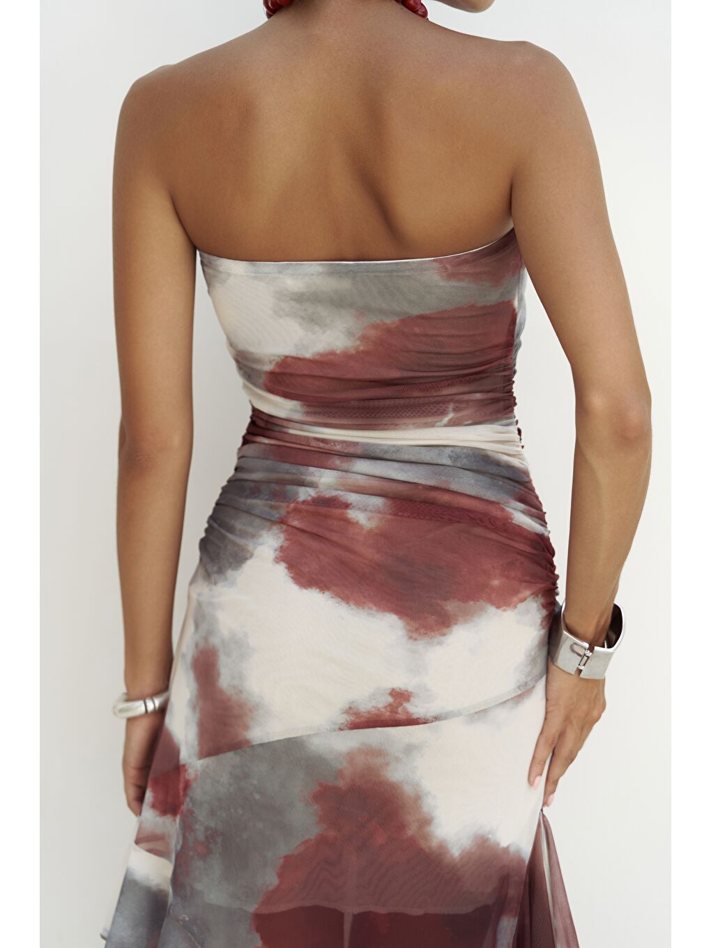 Stracnaha Drape Detaylı Bordo Straplez Elbise-6