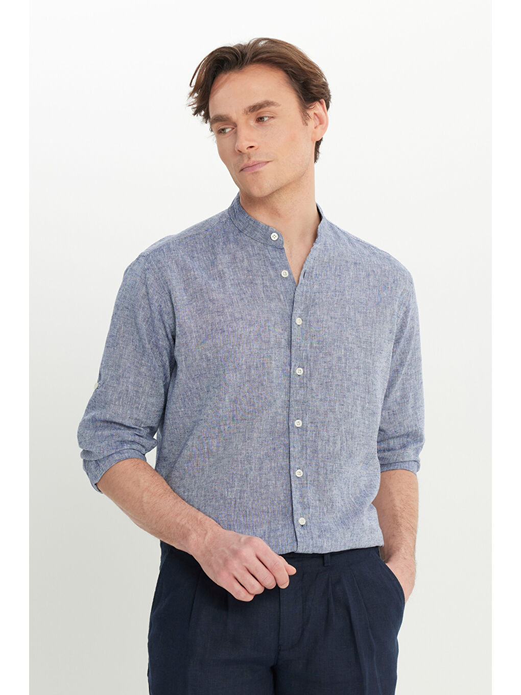 Erkek Lacivert Comfort Fit Rahat Kesim Hakim Yaka Gömlek