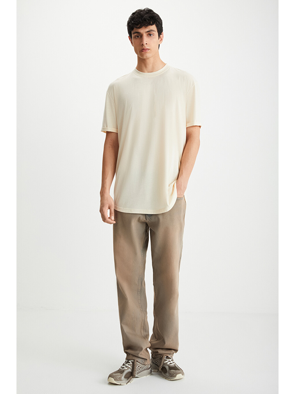 Bej OSCAR Erkek Comfort Fit Uzun Dökümlü Kumaş VANİLYA T-Shirt-2