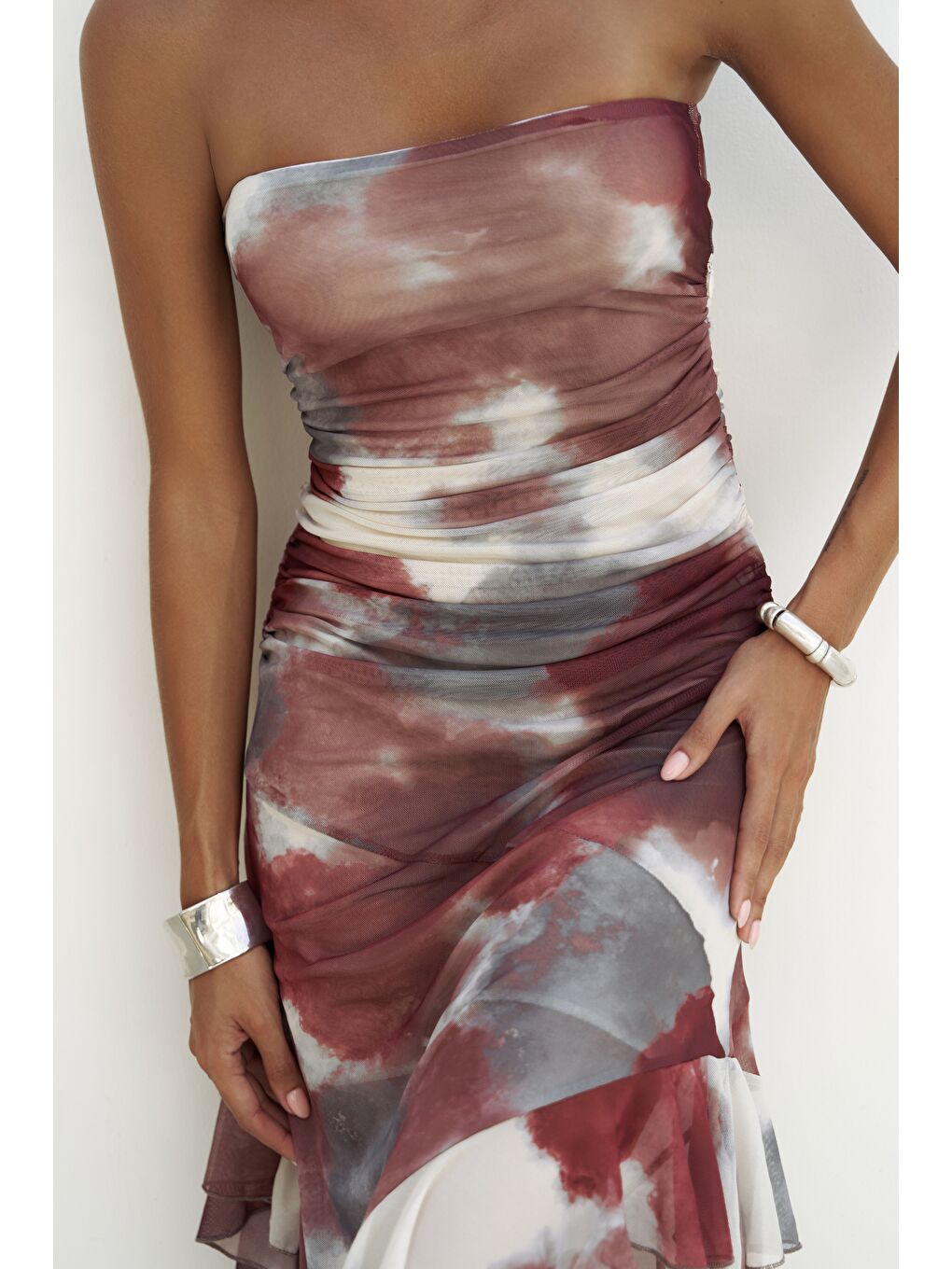 Stracnaha Drape Detaylı Bordo Straplez Elbise-7