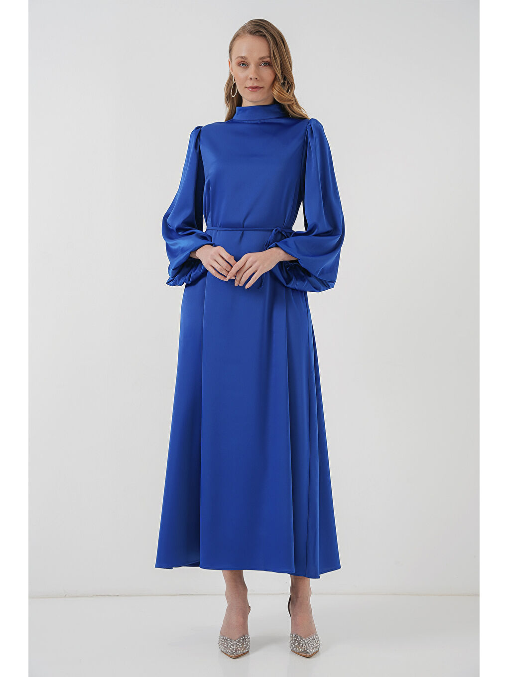 Mavi 2510 Saten Tesettür Abiye Elbise - Saks