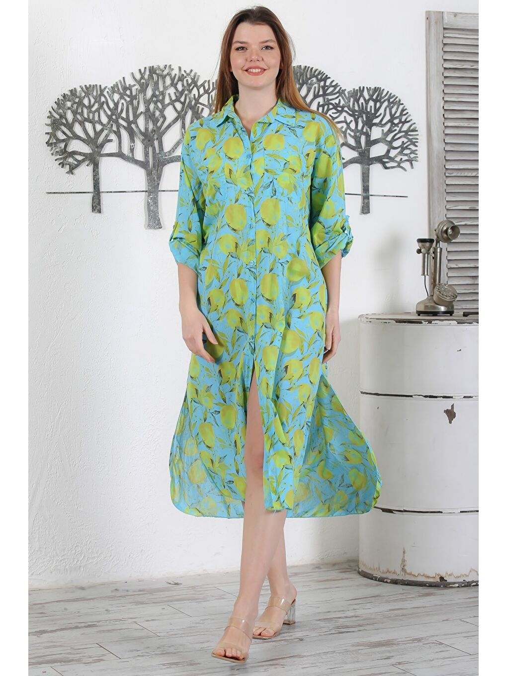 İtalyan Deniz Yeşili Düğmeli Uzun Kollu Desenli Çift Cepli Casual Dokuma Yazlık Elbise 130 65