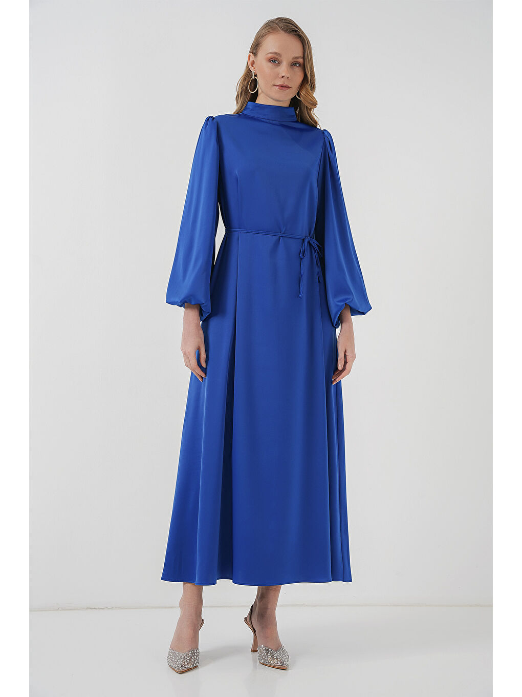 Mavi 2510 Saten Tesettür Abiye Elbise - Saks-2