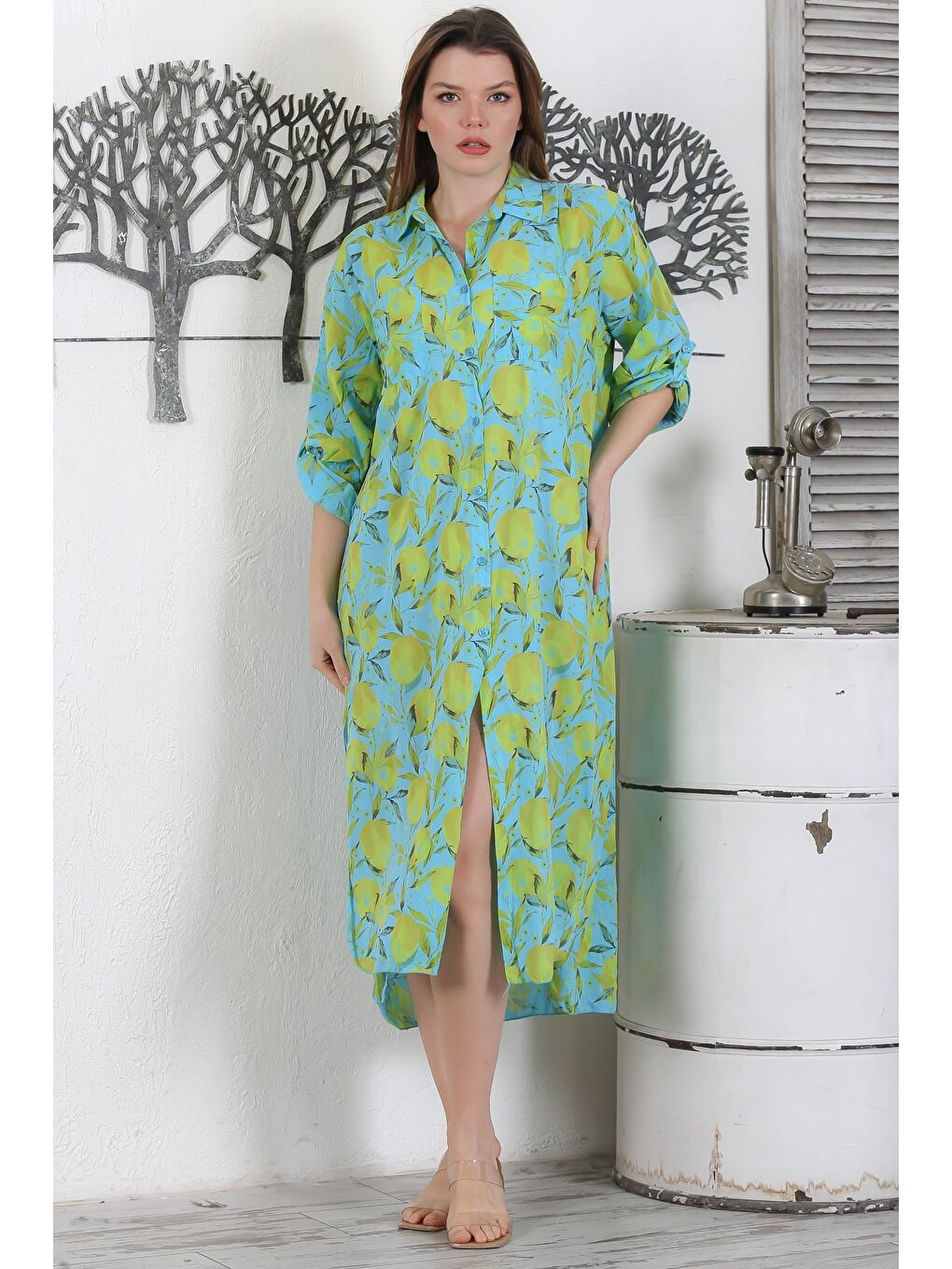 İtalyan Deniz Yeşili Düğmeli Uzun Kollu Desenli Çift Cepli Casual Dokuma Yazlık Elbise 130 65-1