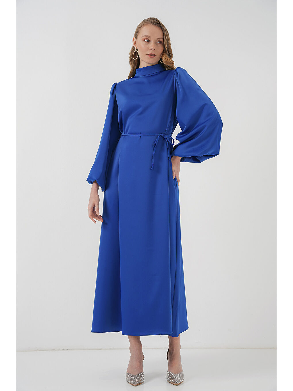 Mavi 2510 Saten Tesettür Abiye Elbise - Saks-3