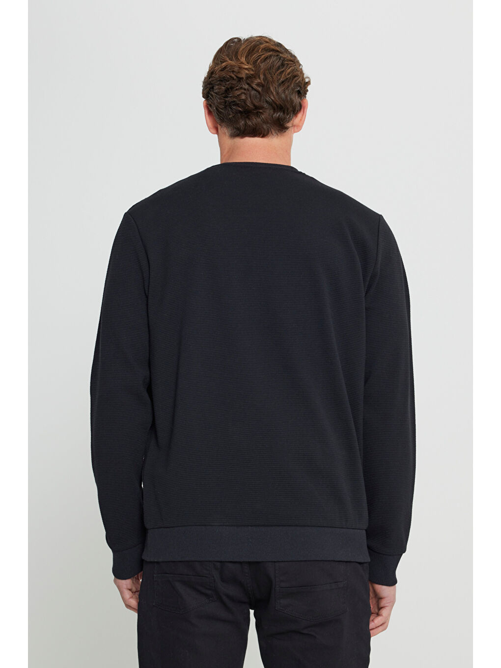 Erkek Siyah 2 İplik Sıcak Tutan Standart Fit Normal Kesim Bisiklet Yaka Dokulu Sweatshirt-4