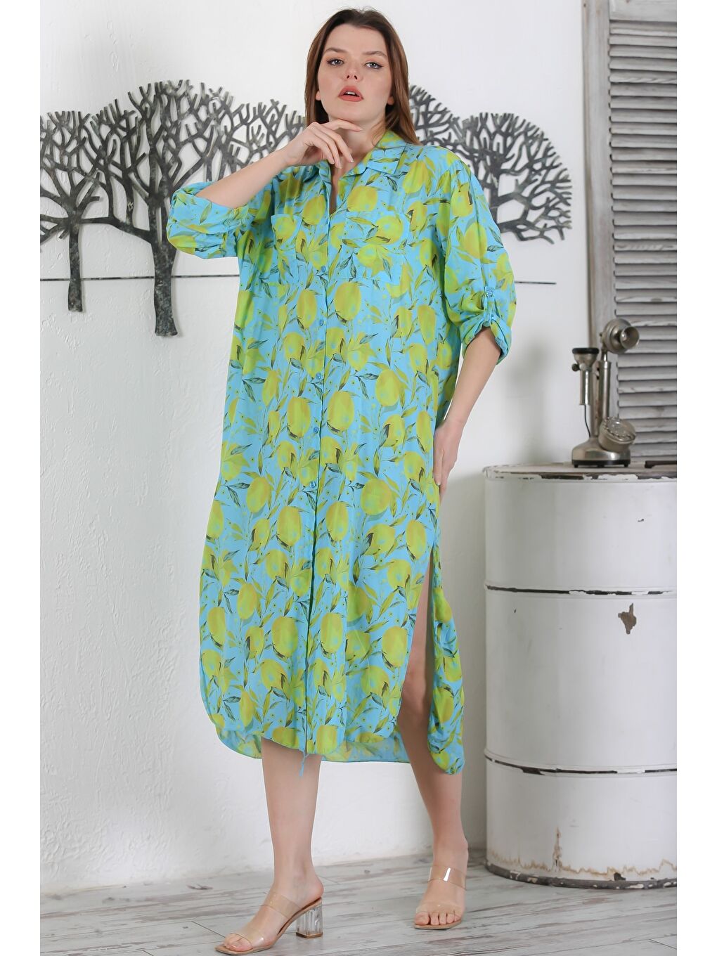 İtalyan Deniz Yeşili Düğmeli Uzun Kollu Desenli Çift Cepli Casual Dokuma Yazlık Elbise 130 65-2