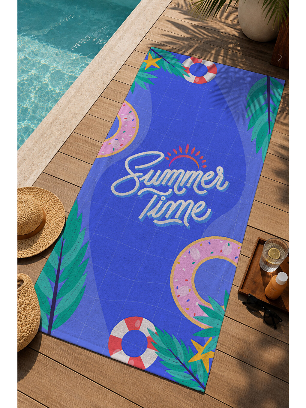 Mavi Mor Tropikal Summer Time Yazılı 70x150 Cm Dijital Baskılı Plaj Ve Banyo Havlusu-2