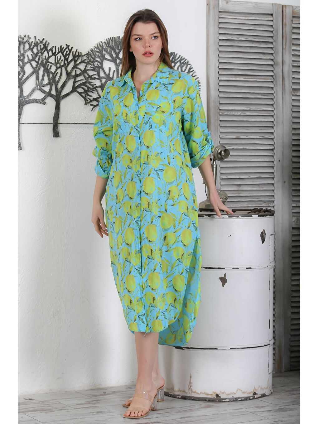 İtalyan Deniz Yeşili Düğmeli Uzun Kollu Desenli Çift Cepli Casual Dokuma Yazlık Elbise 130 65-3