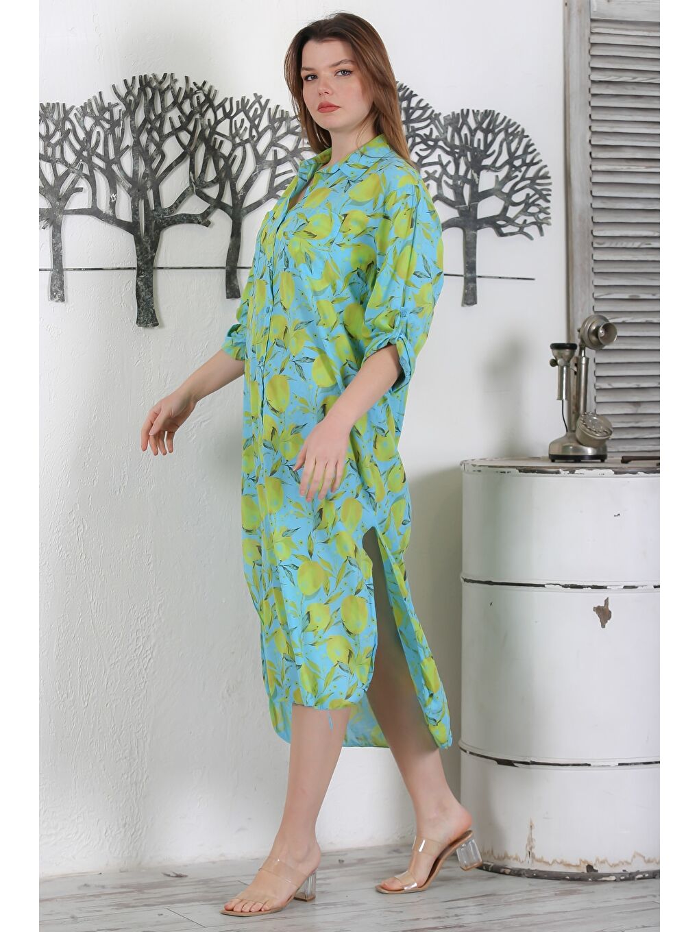 İtalyan Deniz Yeşili Düğmeli Uzun Kollu Desenli Çift Cepli Casual Dokuma Yazlık Elbise 130 65-4