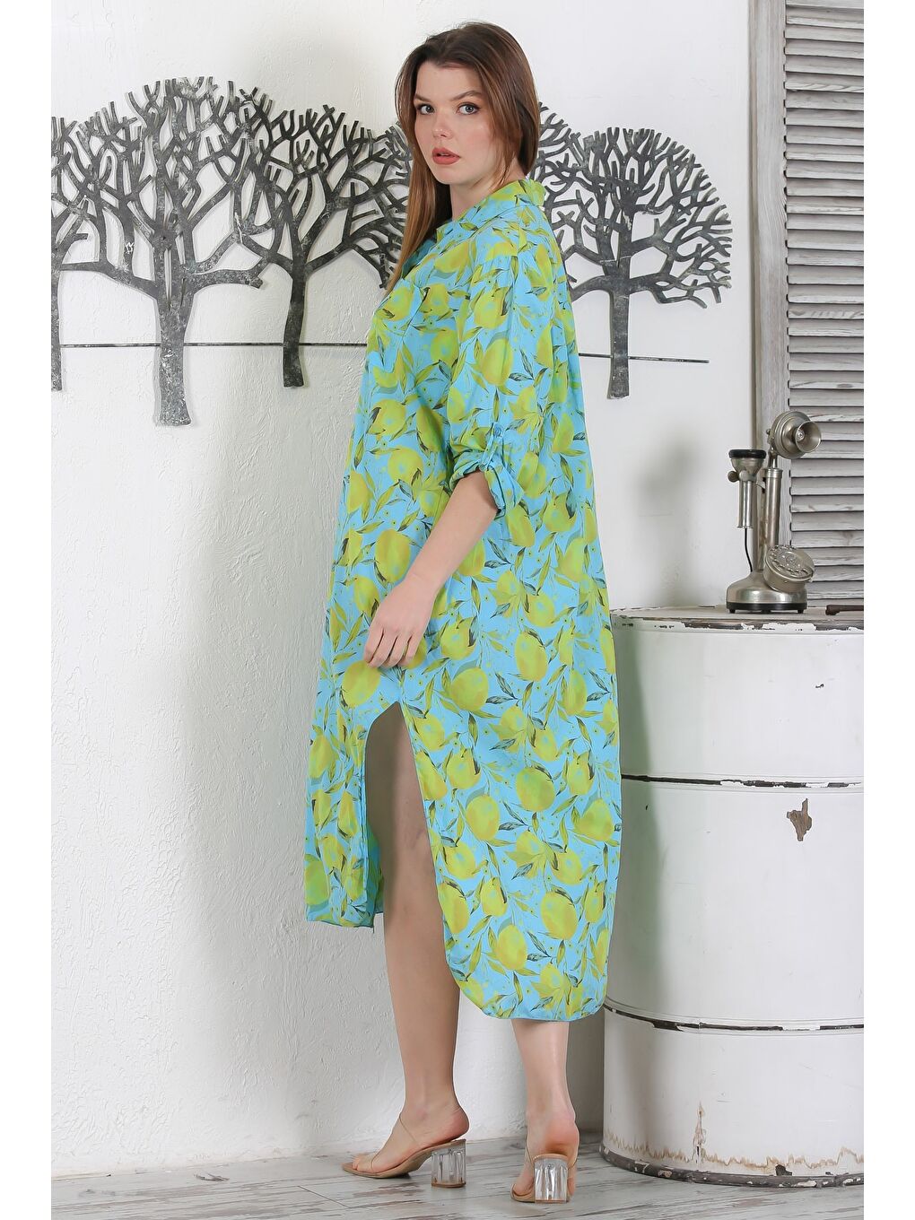 İtalyan Deniz Yeşili Düğmeli Uzun Kollu Desenli Çift Cepli Casual Dokuma Yazlık Elbise 130 65-5