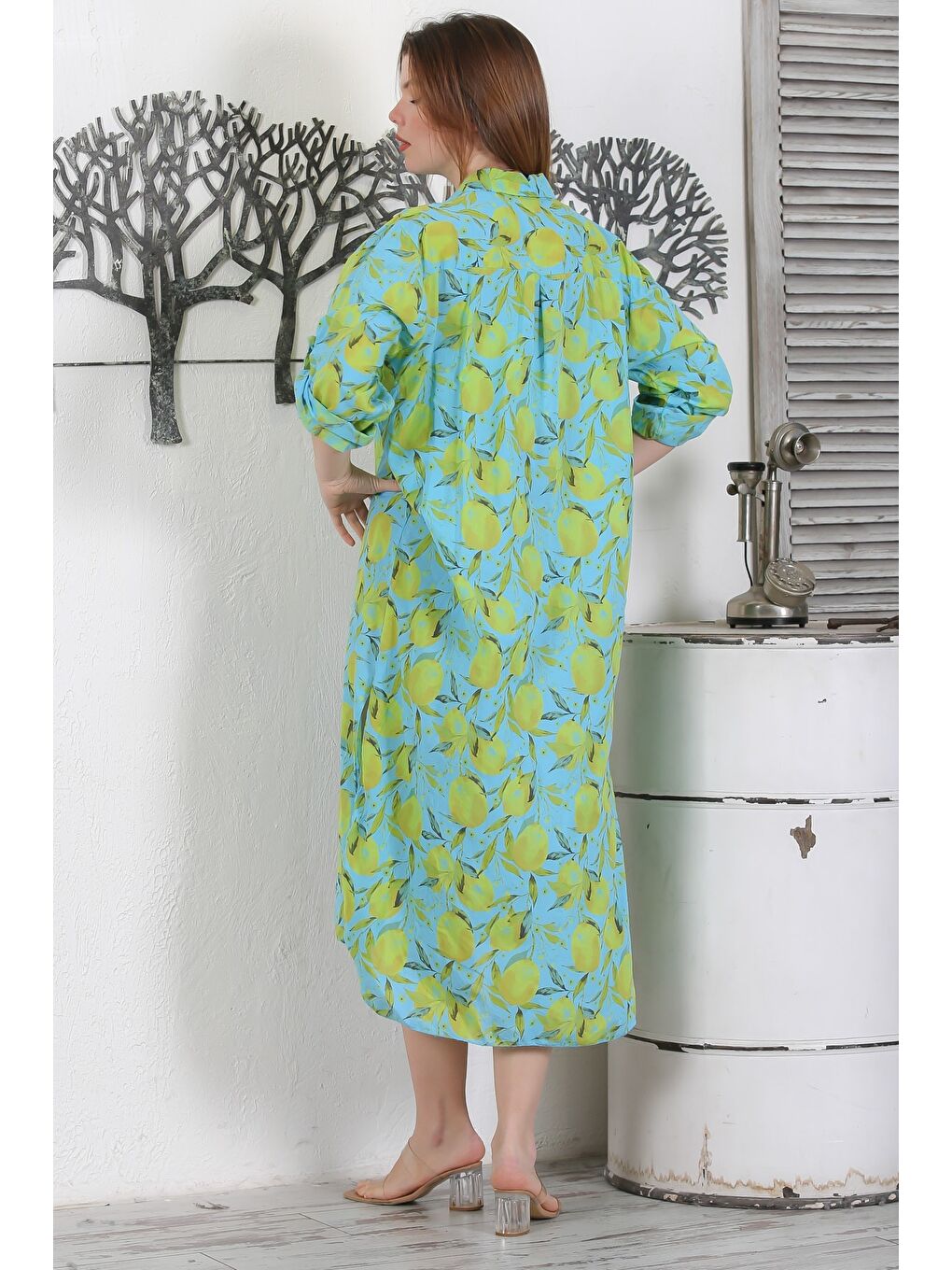 İtalyan Deniz Yeşili Düğmeli Uzun Kollu Desenli Çift Cepli Casual Dokuma Yazlık Elbise 130 65-6