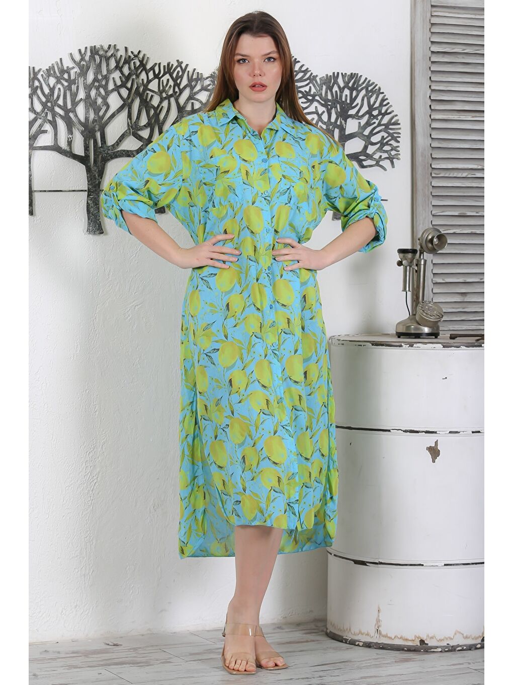 İtalyan Deniz Yeşili Düğmeli Uzun Kollu Desenli Çift Cepli Casual Dokuma Yazlık Elbise 130 65-7