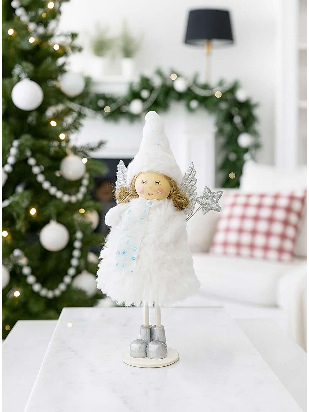 Yılbaşı Dekoru Gümüş Kanatlı Melek Dekoratif Biblo Süsü Beyaz 20 cm