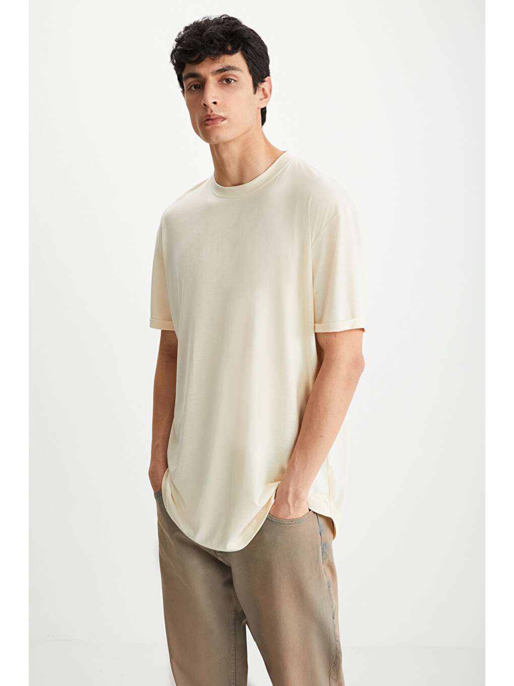 Bej OSCAR Erkek Comfort Fit Uzun Dökümlü Kumaş VANİLYA T-Shirt-3