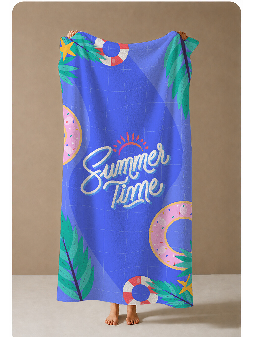 Mavi Mor Tropikal Summer Time Yazılı 70x150 Cm Dijital Baskılı Plaj Ve Banyo Havlusu-3