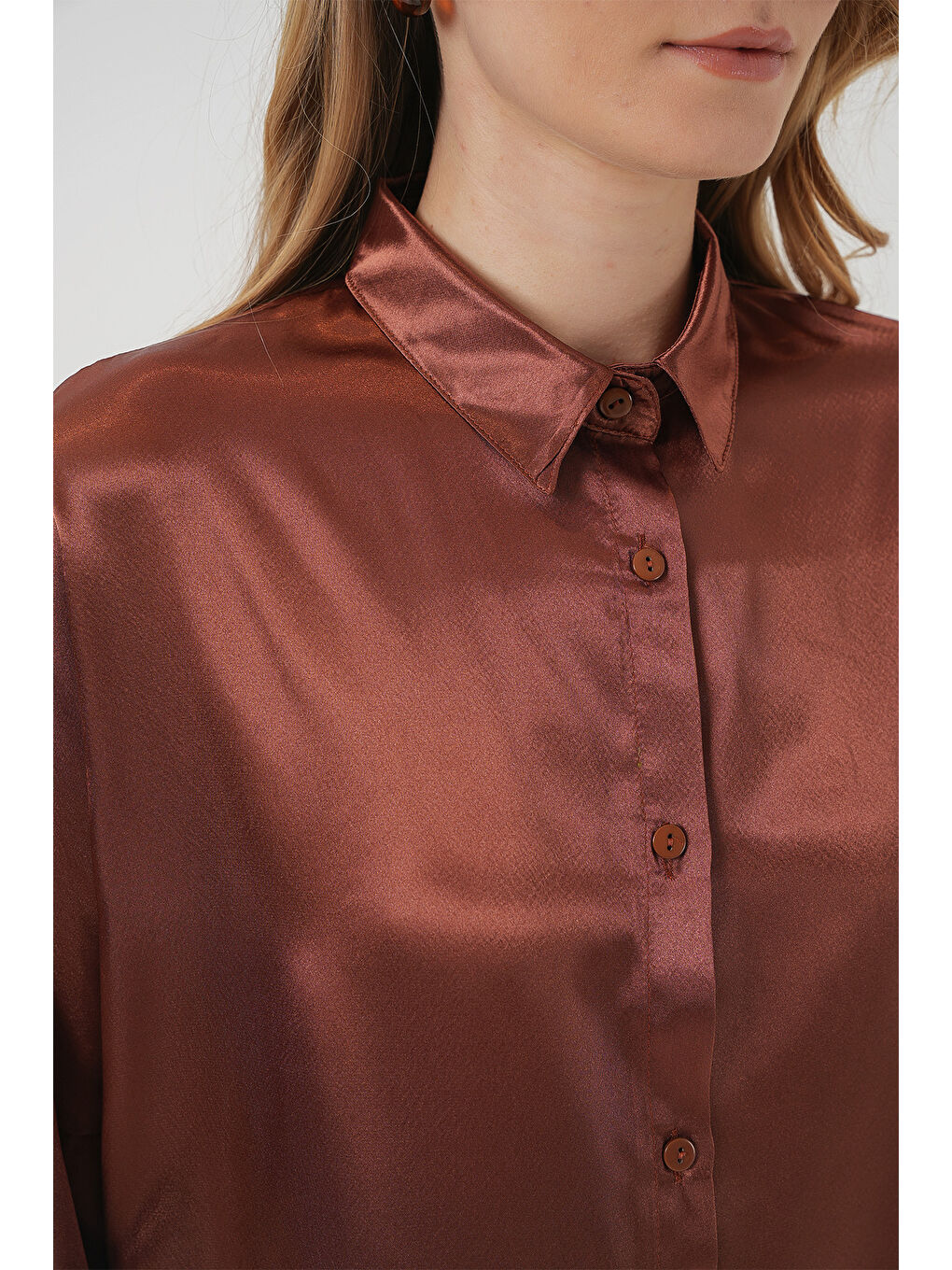 Kahverengi 3985 Oversize Saten Gömlek - Taba-4