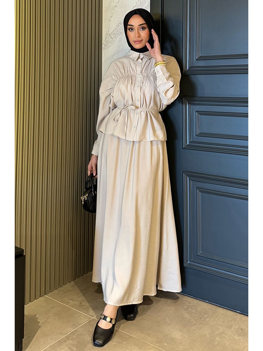 Bej Kadın Büzgü Detaylı Bel Bağlamalı Tunik Etek İkili Takım-2